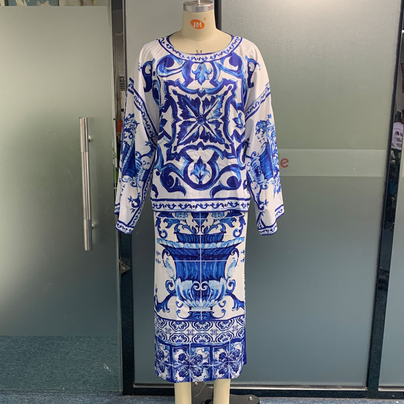 Waytobele naiste kaheosaline sügismoe komplekt trükitud pika Batwing Crew lahtised ülemise joonega seelikukomplektid naiste kontorisse