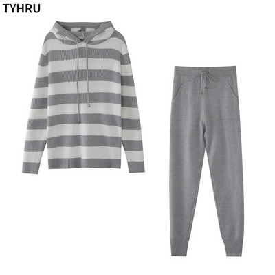 TYHRU Γυναικείες πλεκτές αθλητικές φόρμες που ταιριάζουν με κουκούλα πουλόβερ + παντελόνι δύο τεμαχίων