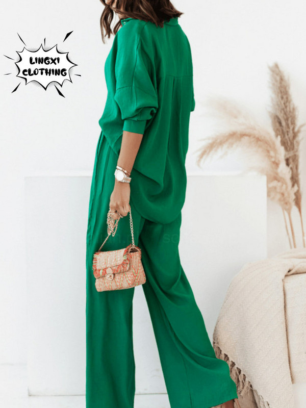 Komplet novih proizvoda, ljetna moda 2023. Labava jednobojna majica dugih rukava, ležerna dvodijelna modna sportska gaća na vezanje