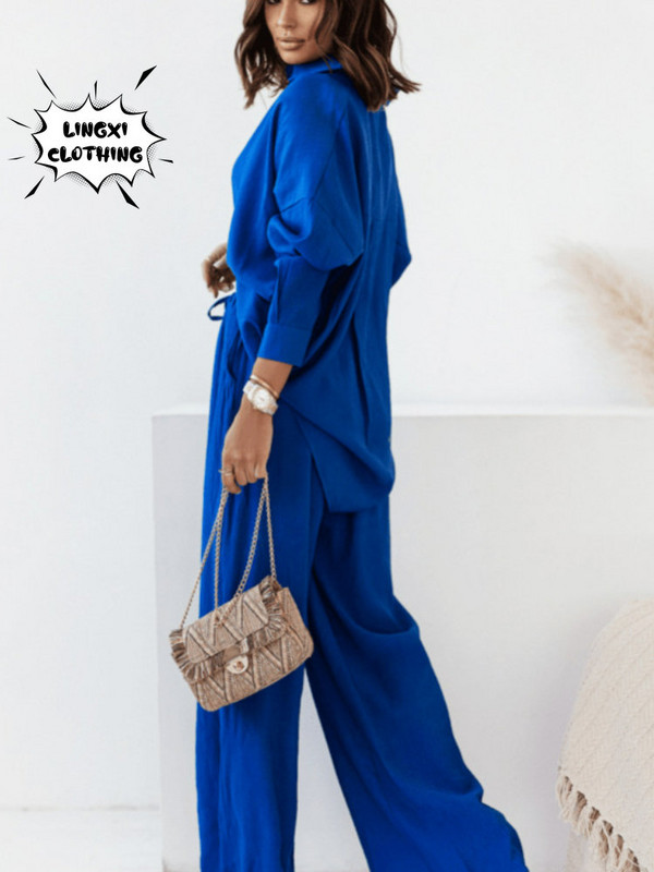 Komplet novih proizvoda, ljetna moda 2023. Labava jednobojna majica dugih rukava, ležerna dvodijelna modna sportska gaća na vezanje