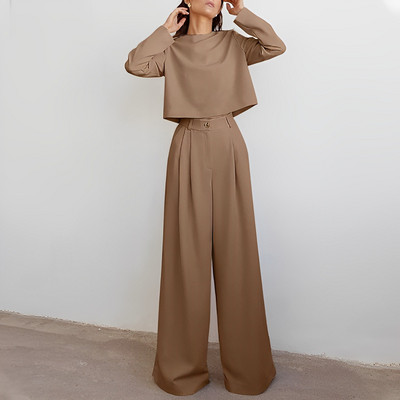 Ženski kompleti hlača Smeđi modni korejski dvodijelni pamučni komplet dugih rukava Proljeće Jesen Vintage klasične Palazzo hlače