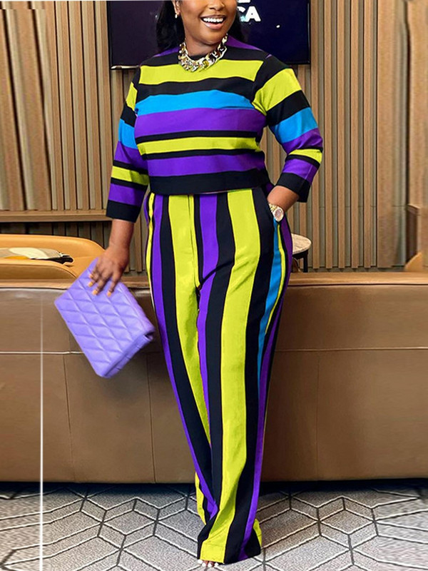 Dámske 2-dielne súpravy, leto, jeseň, pruhovaný sveter, oblek, top a nohavice, dvojdielna súprava, tepláková súprava