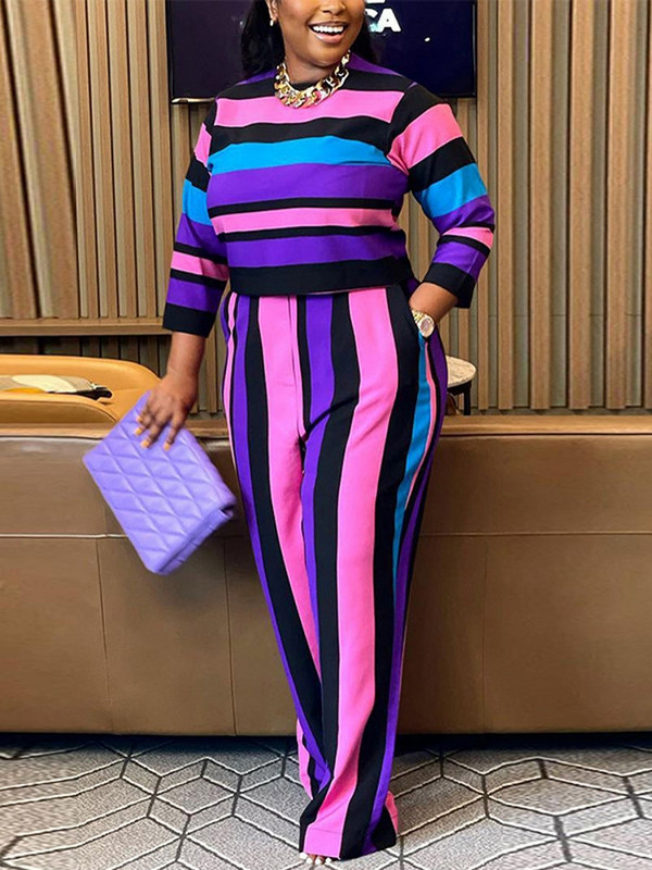 Dámske 2-dielne súpravy, leto, jeseň, pruhovaný sveter, oblek, top a nohavice, dvojdielna súprava, tepláková súprava
