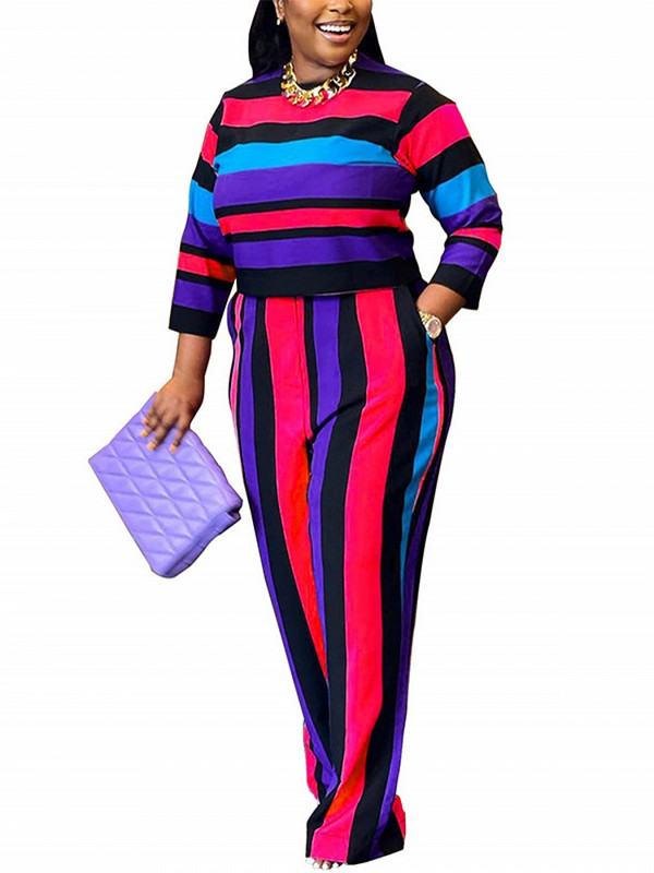 Dámske 2-dielne súpravy, leto, jeseň, pruhovaný sveter, oblek, top a nohavice, dvojdielna súprava, tepláková súprava