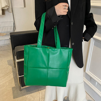 Модна дамска чанта през рамо PU кожена подплатена ръчна чанта Ежедневна едноцветна пазарска чанта с голям капацитет Дамски меки чанти