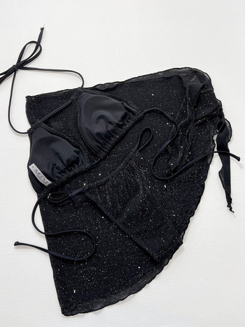 Σέξι μπικίνι 3 τεμαχίων Γυναικεία μαγιό 2023 Μαύρο Cover Ups Γυναικεία μαγιό Micro Bikini Set Shiny Biquini Swimming Suitwear Beach