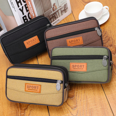 Men Canvas Waist Bag Multifunction Mobile Phone Bag Belt Pack Casual Three-layer Waterproof Phone Pouch