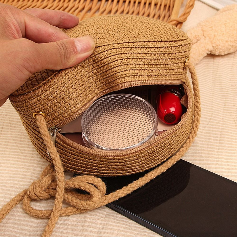 Popularna rasprodaja, okrugla tkana slamnata torba za plažu, torba preko ramena, slatka mala ručna torbica od ratana, ručno rađena u boji slatkiša, za žene