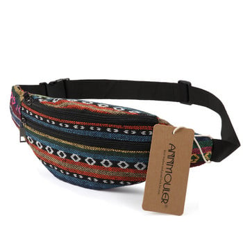 Annmouler New Women Fanny Pack 8 Colors Fabric Preist Packs Чанта за кръста в бохемски стил Чанта за колан с 2 джоба Чанта за колан за пътуване Калъф за телефон