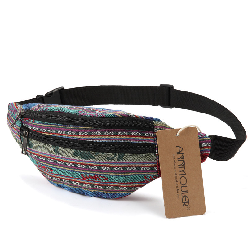 Annmouler New Fanny Pack 8 culori din material textil Geantă de talie în stil boem Geantă pentru curea cu 2 buzunare Geanta pentru telefon de călătorie