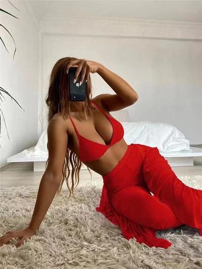 2023 Nou Set de bikini sexy din trei piese cu pantaloni de plajă cu volan Costume de baie pentru femei Costum de baie pentru femeie Bikini solid Costum de baie îmbrăcăminte de plajă