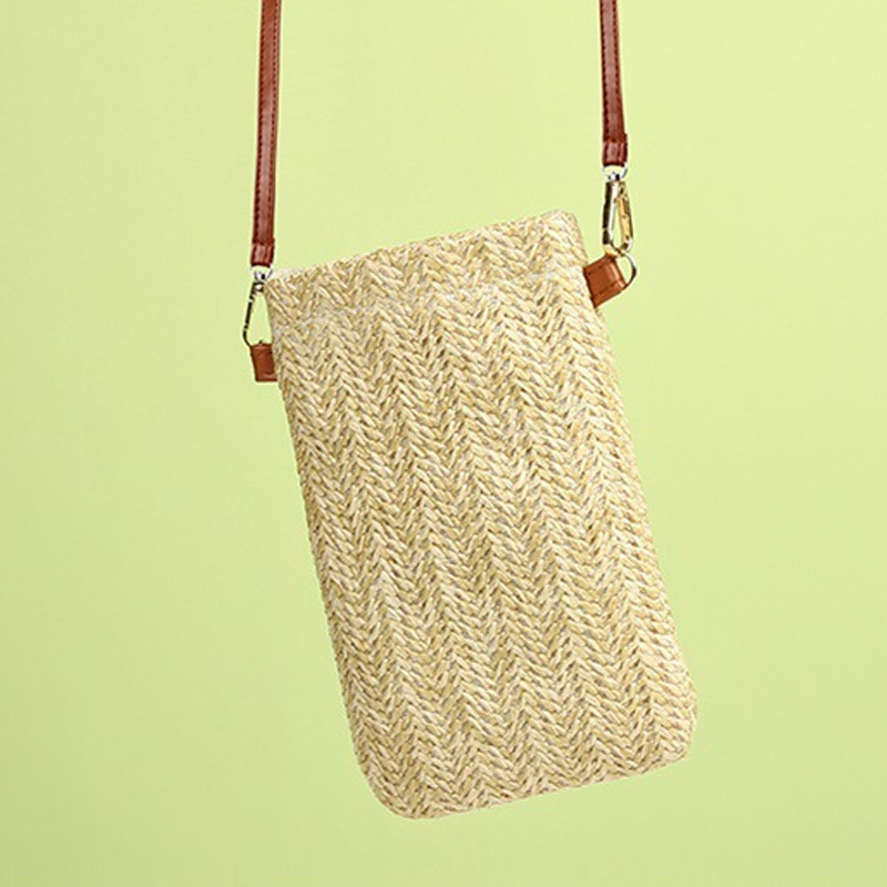 Módna dámska slamená crossbody taška cez rameno, letná plážová ratanová taška cez rameno, malá pevná peňaženka na mobilný telefón