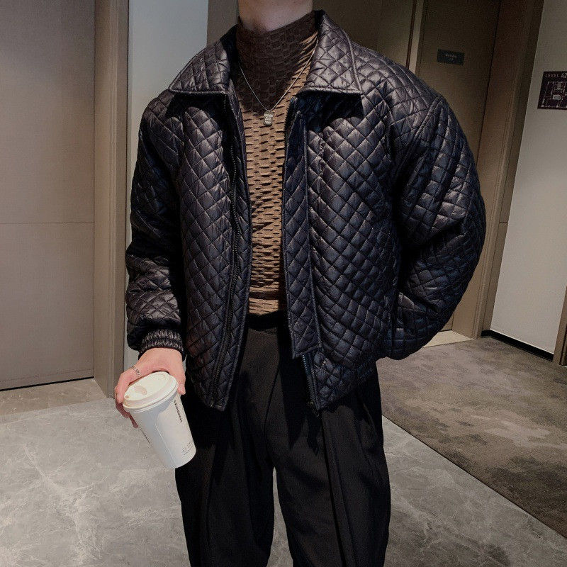 Jachetă de iarnă pentru bărbați, jachete căptușite îngroșate, cu rever, largi, scurtă, haină Argyle, jachetă bomber, îmbrăcăminte stradală pentru tineret, jachete pentru bărbați