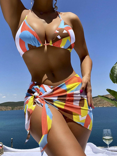2023 Nou Set de bikini 3 bucăți cu fustă Imprimat șir și costum de baie pentru femei Costum de baie pentru femeie Costume de baie pentru plajă Înot de vară