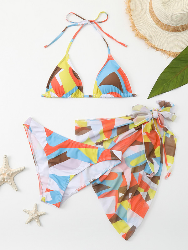 2023 Nou Set de bikini 3 bucăți cu fustă Imprimat șir și costum de baie pentru femei Costum de baie pentru femeie Costume de baie pentru plajă Înot de vară