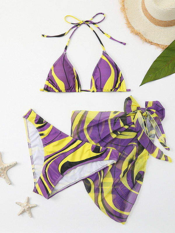 2023 Nou Set de bikini 3 bucăți cu fustă Imprimat șir și costum de baie pentru femei Costum de baie pentru femeie Costume de baie pentru plajă Înot de vară