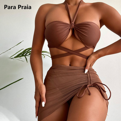 Para Praia 2023 Set de bikini din trei piese cu fustă Costum de baie pentru femeie Halter Bandeau Costum de baie pentru femeie Costum de baie pentru baie Swim Lady