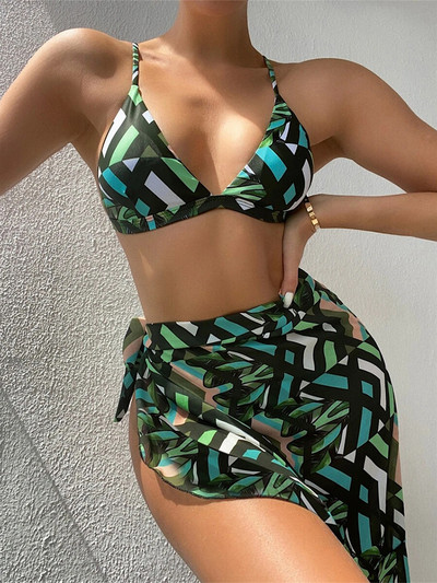 2023 Nou Sexy 3 bucăți Micro Bikini Triunghi Bretele Set de fuste de bikini cu talie joasă Sutien Thong Volane Trim Cover Up