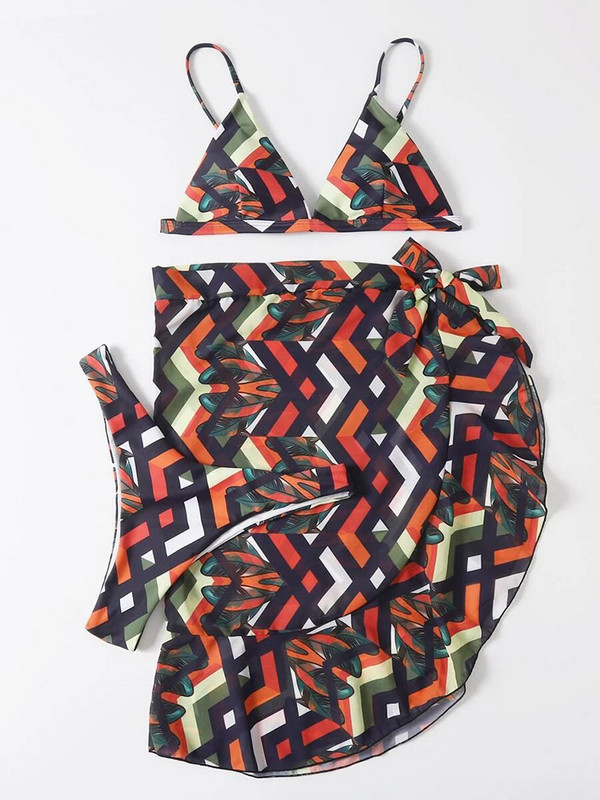 2023 Nou Sexy 3 bucăți Micro Bikini Triunghi Bretele Set de fuste de bikini cu talie joasă Sutien Thong Volane Trim Cover Up