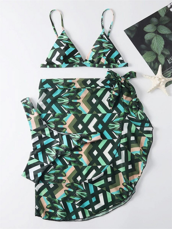 2023 Nou Sexy 3 bucăți Micro Bikini Triunghi Bretele Set de fuste de bikini cu talie joasă Sutien Thong Volane Trim Cover Up