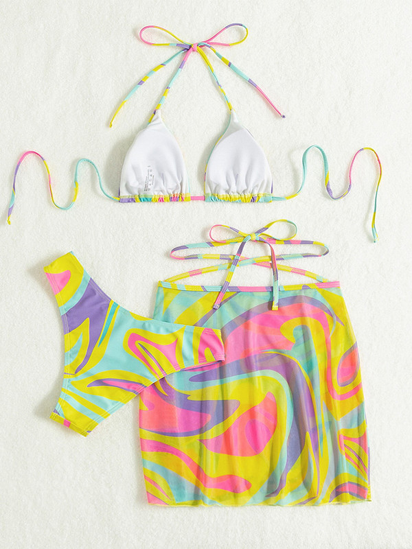 Costum de baie cu imprimeu sexy pentru femei, 2023, talie înaltă, fustă din tifon, bikini, bandaj încrucișat, costum de baie fără spate, îmbrăcăminte de plajă