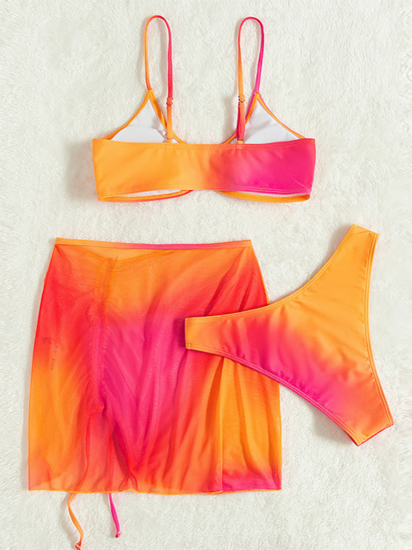 2023 Seturi de bikini cu vopsea cravată portocalie sexy pentru femei, cu decupări cu inele, fustă Push Up, costum de baie, 3 piese, costum de baie pentru acoperire.