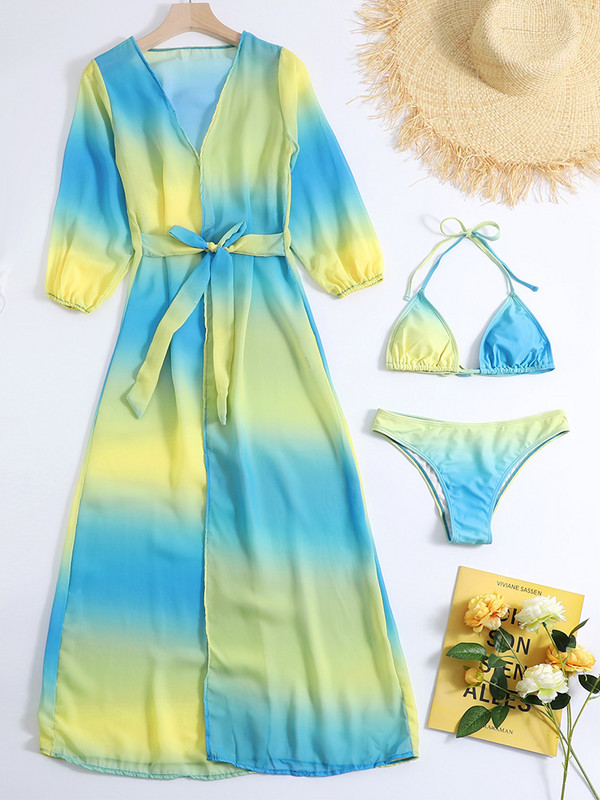 Μπικίνι 3 τεμαχίων σταδιακής αλλαγής 2023 Γυναικείο μαγιό ζωσμένο κιμονό Γυναικείο μαγιό λουόμενου Καλοκαιρινό μαγιό