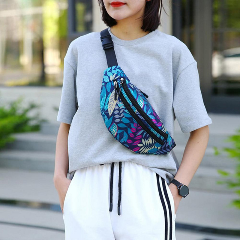 Geantă de talie Multi-buzunare cu imprimeu cu frunze din nailon, impermeabilă, cadou ocazional