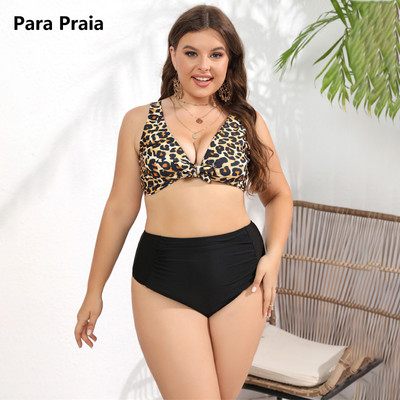 „Para Praia V Neck Leopard Halter“ bikinio rinkinys, 2023 m. seksualus didelio dydžio maudymosi kostiumėlis aukštu juosmeniu, moteriškas didelio dydžio bikinis