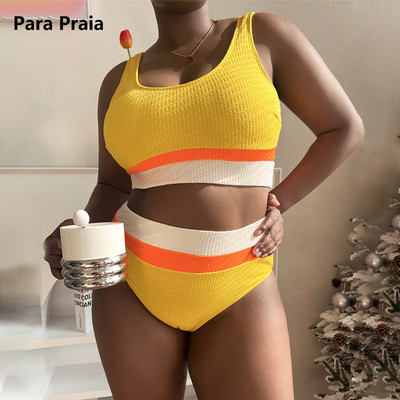 Para Praia Yellow Patchwork Bandeau Bikini Set 2023 Секси раирани големи бански костюми с висока талия Дамски бикини с големи размери