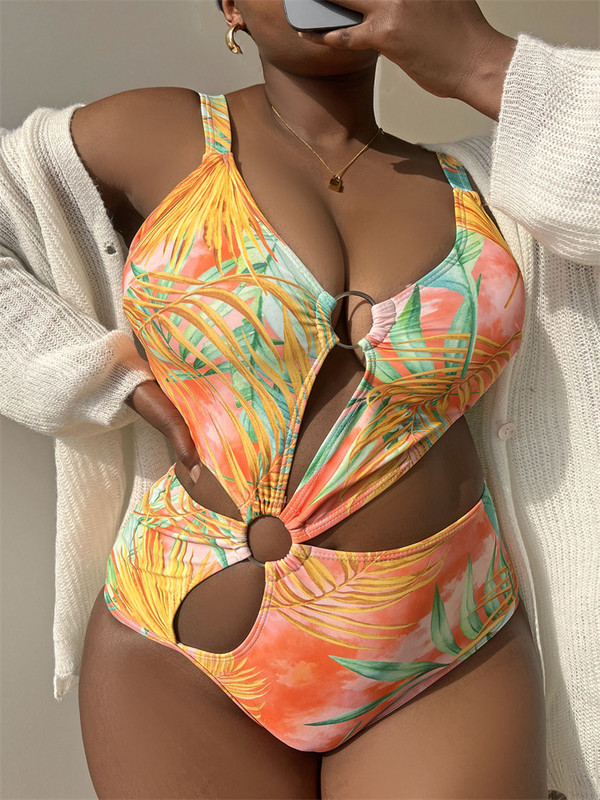 Para Praia Jednodijelni kupaći kostim visokog kroja s printom lišća 2023. Seksi kupaći kostim velike veličine Izdubljeni kupaći kostim Ženski monokini velike veličine