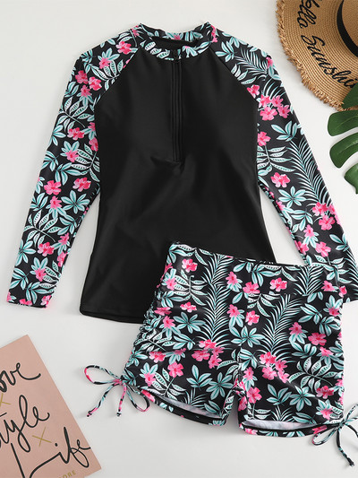 Dvodijelni kupaći kostim dugih rukava za surfanje, ženski kupaći kostim s vrpcom za 2023, novi kupaći kostim s cvjetnim vezicama, ženski kupaći kostim za plažu