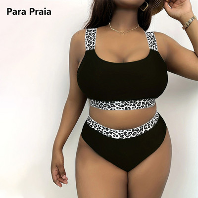 „Para Praia Leopard Patchwork“ bikinio rinkinys, 2023 m. seksualus „Bandeau“ didelio dydžio maudymosi kostiumėlis aukštu juosmeniu, moteriškas didelio dydžio bikinis