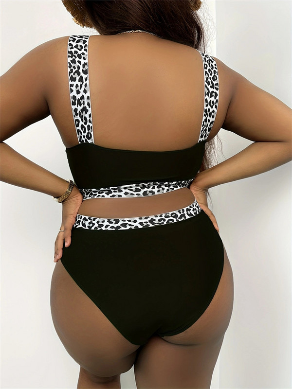 Para Praia Set Bikini Patchwork Leopard 2023 Costum De Baie Bandeau Dimensiune Mari Costum De Bait Cu Talie Inalta Femei Biquini Marime Mari