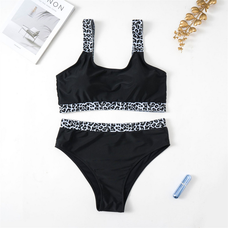 Para Praia Set Bikini Patchwork Leopard 2023 Costum De Baie Bandeau Dimensiune Mari Costum De Bait Cu Talie Inalta Femei Biquini Marime Mari
