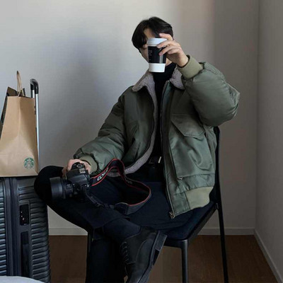 Jachetă de miel pentru bărbați, iarnă, din catifea, îngroșată, scurtă, de toamnă, pentru stradă, cu guler răsturnat, mâneci lungi, buzunare cu fermoar, jachete