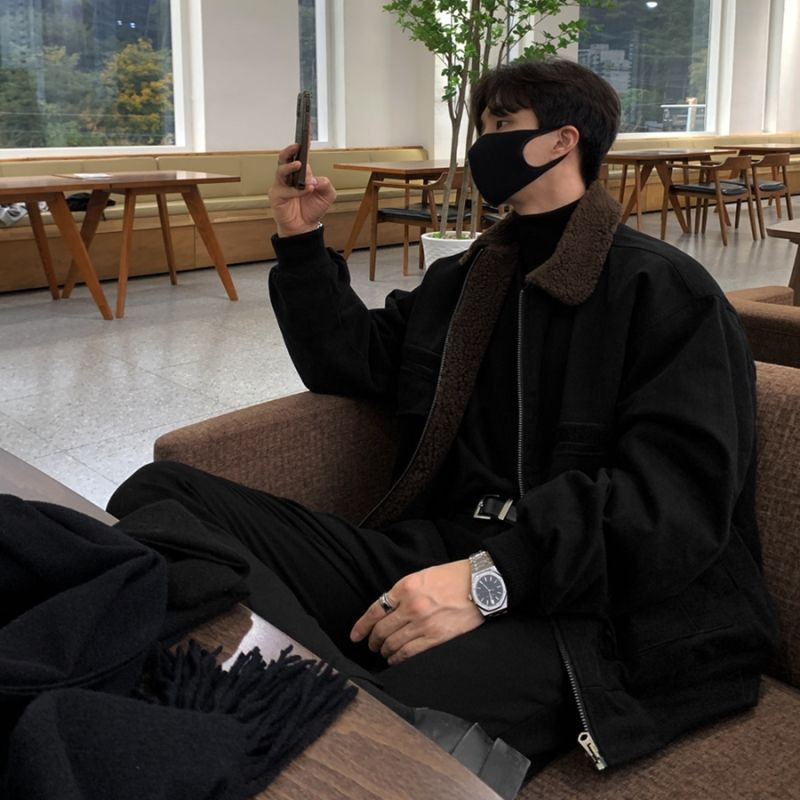 Jachetă de miel pentru bărbați, iarnă, din catifea, îngroșată, scurtă, de toamnă, pentru stradă, cu guler răsturnat, mâneci lungi, buzunare cu fermoar, jachete