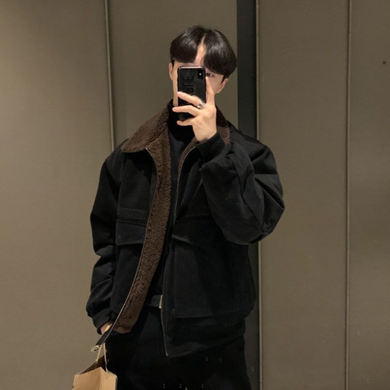 Jachetă de miel pentru bărbați, iarnă, din catifea, îngroșată, scurtă, de toamnă, pentru stradă, cu guler răsturnat, mâneci lungi, buzunare cu fermoar, jachete