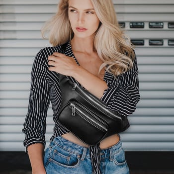 Черна чанта за кръста Geestock, модна PU кожена мъжка дамска чанти с колан Fanny Pack Регулируем колан за пазаруване, пътуване, парти