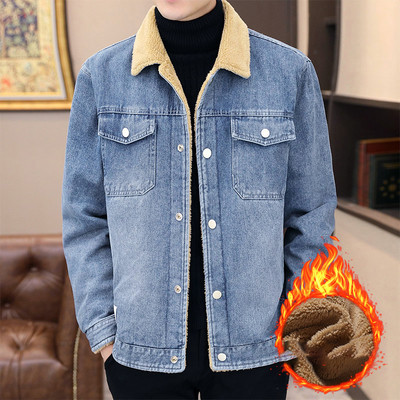 Jachetă de denim pentru bărbați de iarnă, cu guler răsturnat, paltoane bomber din lână, îmbrăcăminte exterioară pentru bărbați, 2023, ocazional, jachete calde de denim, pardesiu pentru bărbați