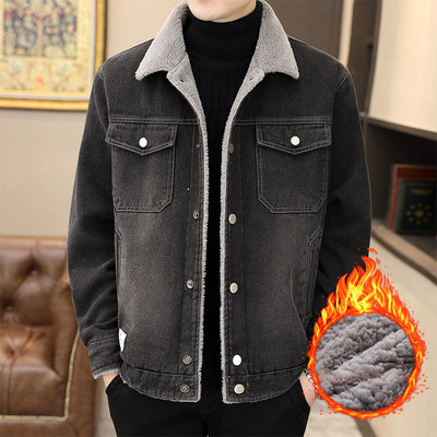 Jachetă de denim pentru bărbați de iarnă, cu guler răsturnat, paltoane bomber din lână, îmbrăcăminte exterioară pentru bărbați, 2023, ocazional, jachete calde de denim, pardesiu pentru bărbați