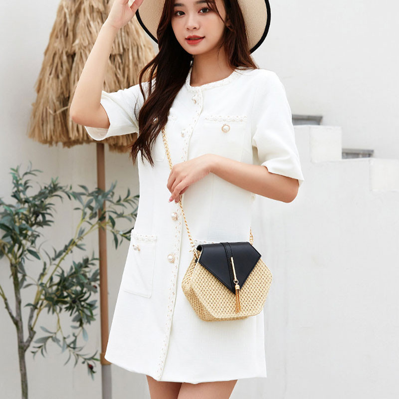 Hatszög alakú szalma PU bőr kézitáska, női nyári rattan táska, kézzel készített szőtt strand Bohemia láncpántos válltáskák
