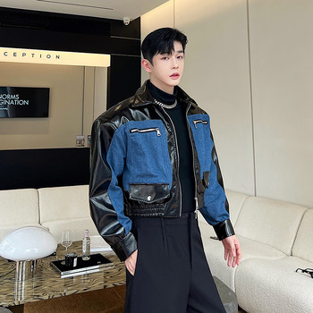 NOYMEI Denim Patchwork Silhouette Мъжко късо яке Контрастен цвят Модно корейски стил 2023 Есен Ново мъжко палто WA2807