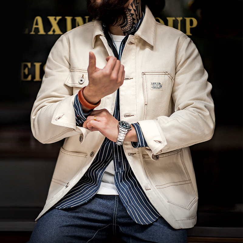 Jachete din bumbac grele cu revere pentru bărbați Amekaji Îmbrăcăminte exterioară cu buzunare multiple pentru bărbați Parka scurtă haină împotriva vântului