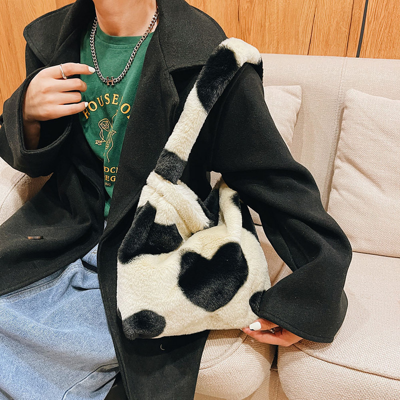 Γυναικεία τσάντα βελούδινη Leopard Love Heart Pattern μασχάλη Τσάντα ώμου Φθινοπωρινό Χειμώνας Γυναικείες τσάντες μεγάλης χωρητικότητας Shopper tote ΝΕΟ