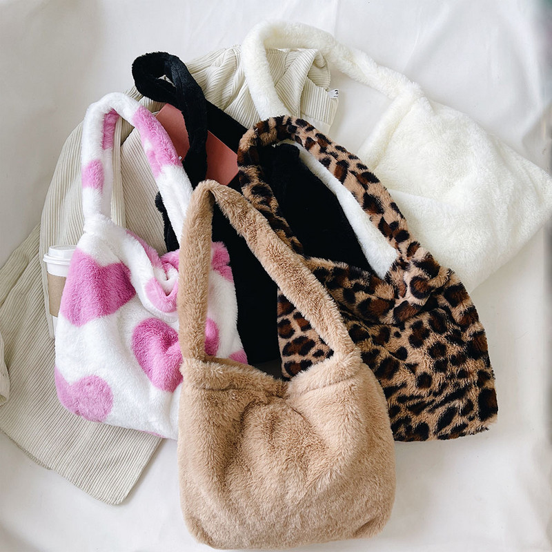 Γυναικεία τσάντα βελούδινη Leopard Love Heart Pattern μασχάλη Τσάντα ώμου Φθινοπωρινό Χειμώνας Γυναικείες τσάντες μεγάλης χωρητικότητας Shopper tote ΝΕΟ