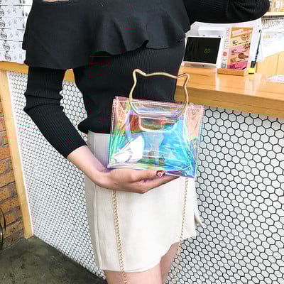 Sieviešu modes PVC lāzera plecu soma Kaķa galvas rokturis rokassomiņa Metāla ķēdes siksna Crossbody soma Sieviešu caurspīdīga tālruņa soma soma