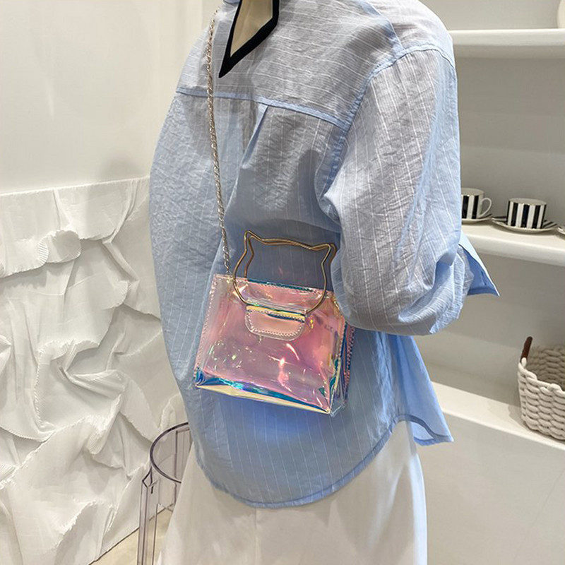 Ženska modna PVC Laserska torba za rame Ručna torbica s metalnom lančićem s remenom za nošenje preko ramena Ženska prozirna torba za telefon Torbica