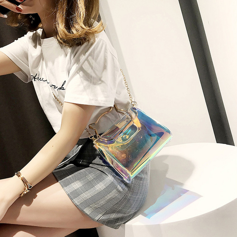 Ženska modna PVC Laserska torba za rame Ručna torbica s metalnom lančićem s remenom za nošenje preko ramena Ženska prozirna torba za telefon Torbica