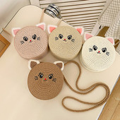 Χαριτωμένα χιαστί τσάντες για κορίτσια μόδας Μικρή στρογγυλή ψάθινη τσάντα Απλή φορητή Κομψή χειροποίητη προσωπικότητα για ταξίδια διακοπών